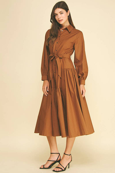 SOLID BUTTON DOWN TIERED MIDI DRESS - 7630D: INK / S