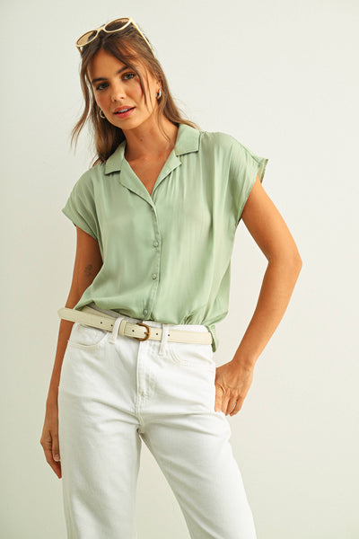 Button Down Cap Sleeve Shirt - Sage Green