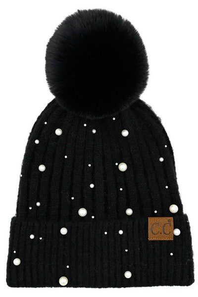 C.C Pearl Embellishments Pom Beanie: Light Gray