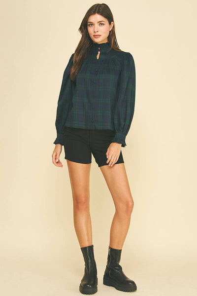 PLAID RUFFLED MOCK NECK SHIRT - 7609T: NAVY/GREEN / S
