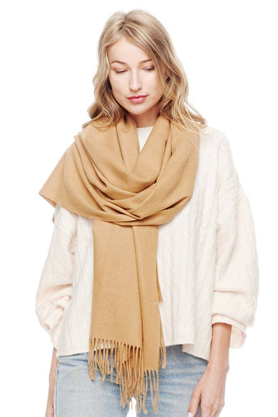 Soft Cashmere Solid Color Fringes Scarf: Camel