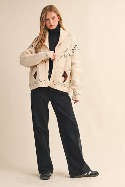 Horse Knit Sweater Cardigan: Beige Taupe