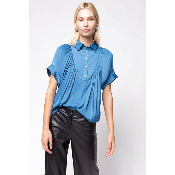 Short Sleeve Shirt With Front Bib Detail - Yale Blue