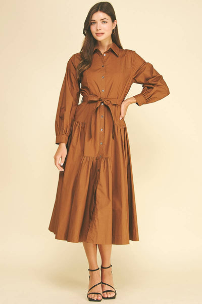 SOLID BUTTON DOWN TIERED MIDI DRESS - 7630D: INK / S