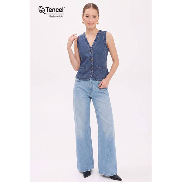 Tencel Acid Wash Denim Vest With Front Welt Pockets: Dark Blue