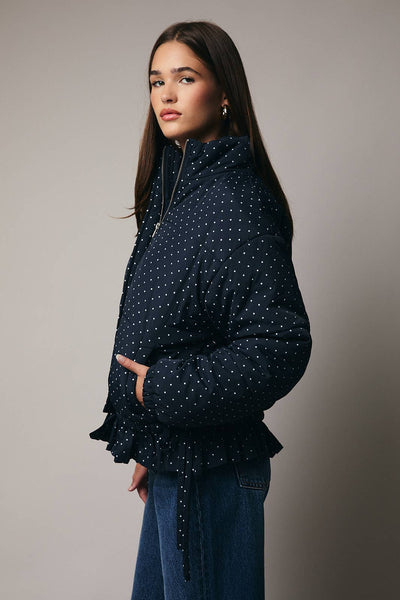 High Neck Long Sleeve Polka Dot Ruffle Quilted Jacket: Navy