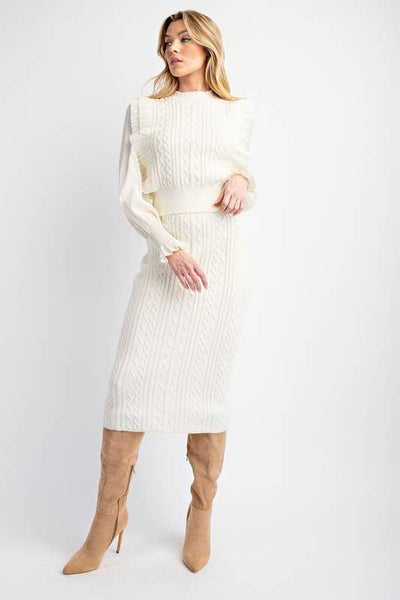 Cable Knit Sweater with Woven Sleeves: Brown