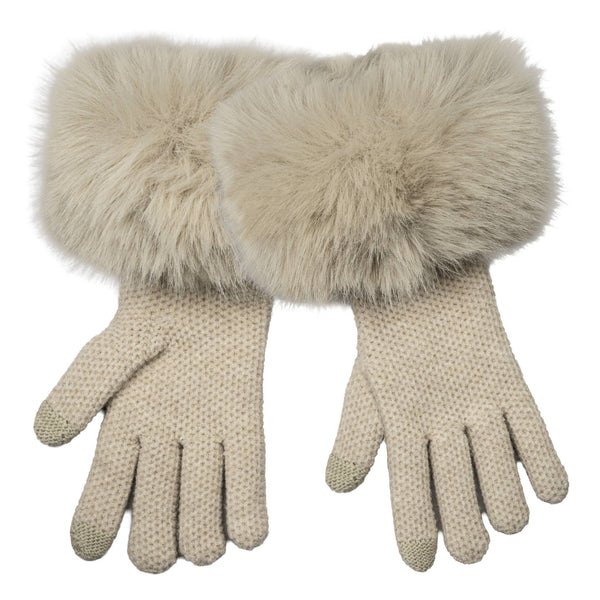 C.C Long Faux Fur Cuff Knitted Winter Gloves: Dark Beige