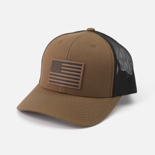 American Flag Hat - Leather Patch Trucker Snapback: Black