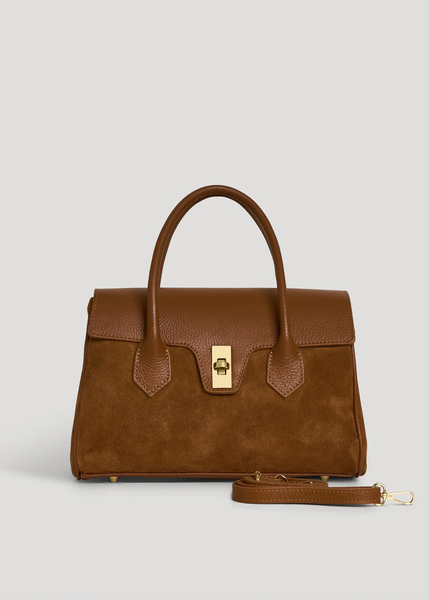 Genuine Leather Bag with Suede Details: Cognac