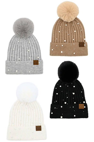C.C Pearl Embellishments Pom Beanie: Light Gray