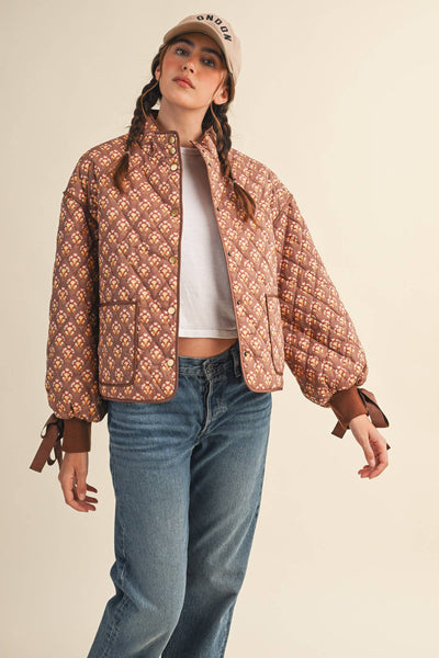 FLORAL QUILTED JACKET WITH RIBBON SLEEVE DETAIL MJK4432: Navy Teal Multi Floral / S