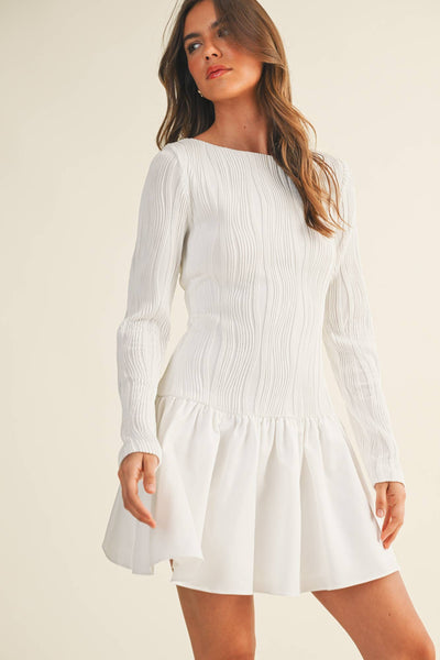 Boat Neck Long Sleeve Mini Dress - Black