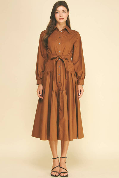 SOLID BUTTON DOWN TIERED MIDI DRESS - 7630D: INK / S