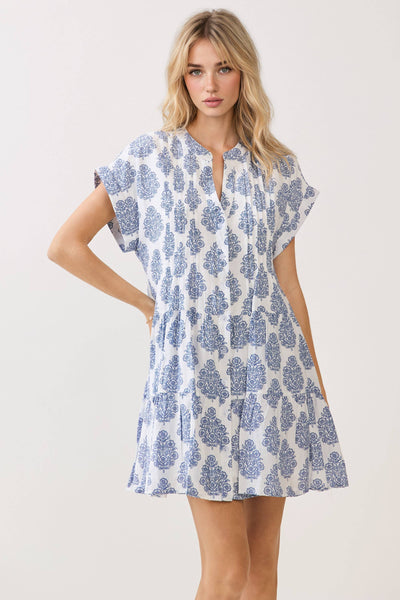 Printed Notch Neckline Tiered Mini Dress - Blue