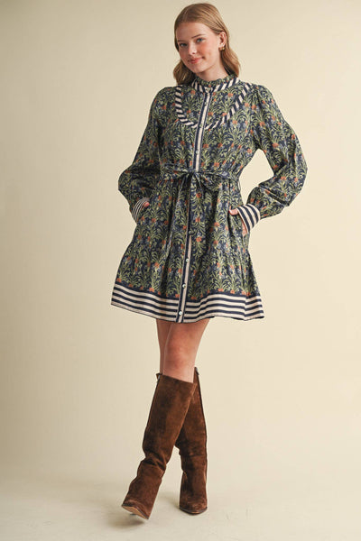 Floral Button Down Belted Mini Dress - Navy Garden