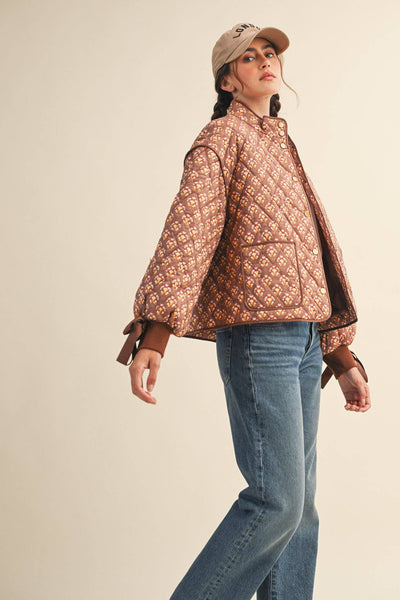 FLORAL QUILTED JACKET WITH RIBBON SLEEVE DETAIL MJK4432: Navy Teal Multi Floral / S