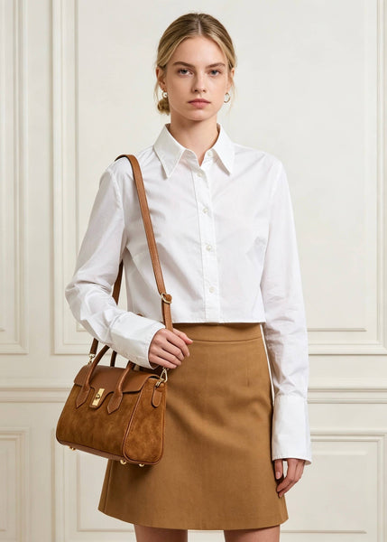 Genuine Leather Bag with Suede Details: Brown