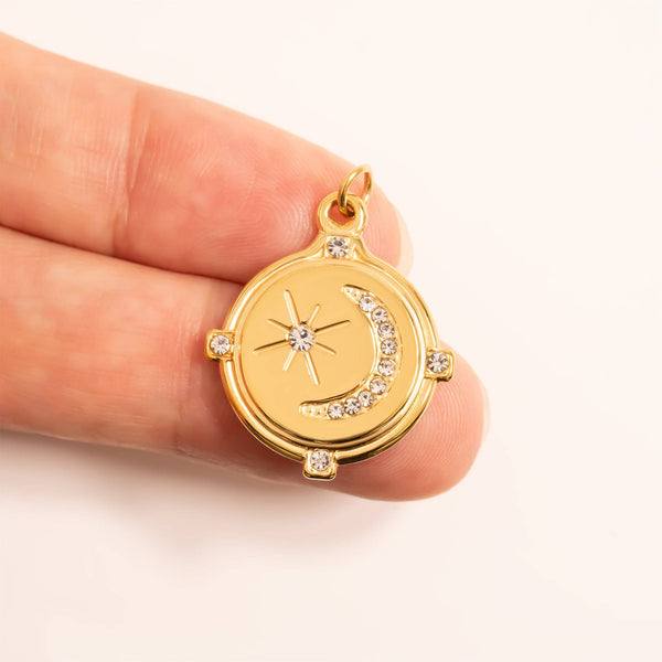 18K Gold PVD Stainless Steel Stone Moon And Star Pendant: Gold