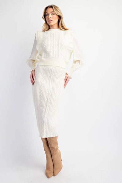 Cable Knit Sweater with Woven Sleeves: Brown