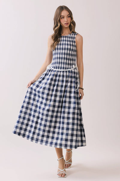 Gingham Sleeveless Midi Dress with Side Tie Detail - Navy