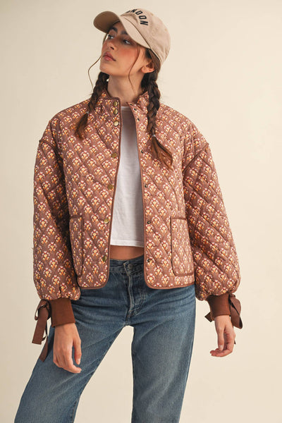 FLORAL QUILTED JACKET WITH RIBBON SLEEVE DETAIL MJK4432: Navy Teal Multi Floral / S
