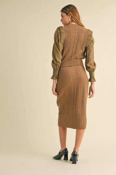 Cable Knit Sweater with Woven Sleeves: Brown