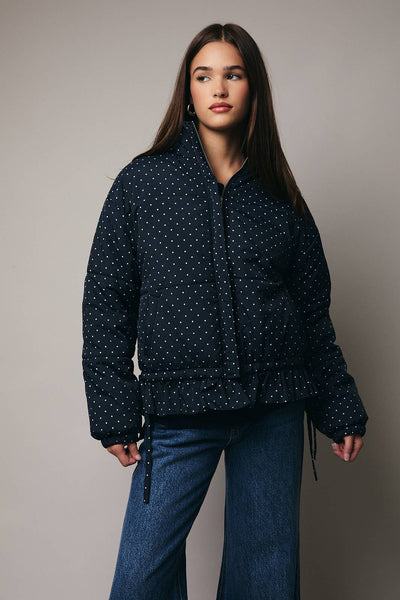High Neck Long Sleeve Polka Dot Ruffle Quilted Jacket: Navy