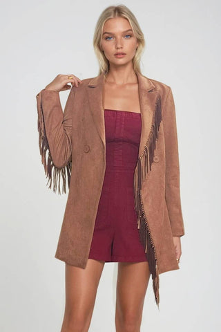 Faux Suede Fringed Blazer: Brown