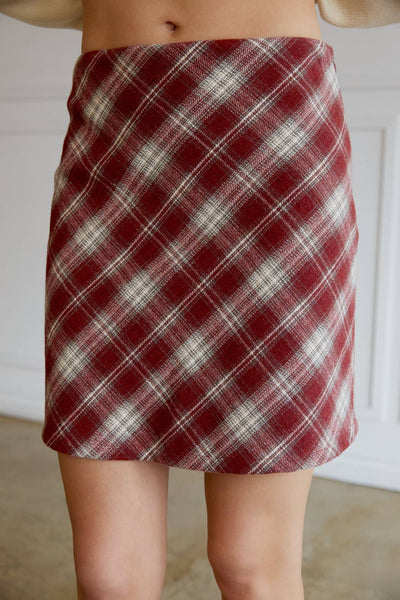Plaid Bias Mini Skirt: Rust