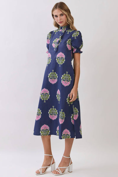 Floral Print Ruffle Collar Button Down Midi Dress: Navy