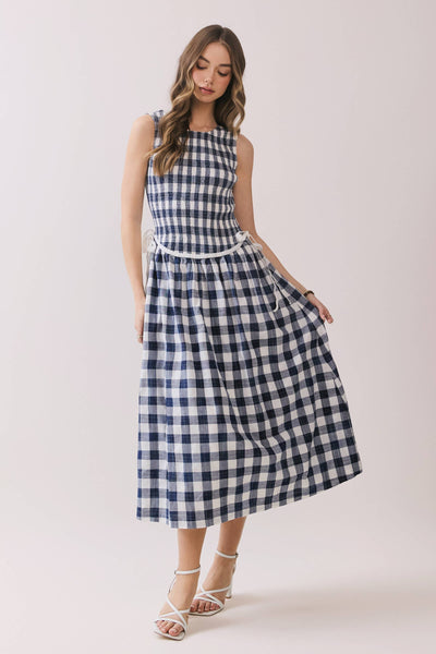 Gingham Sleeveless Midi Dress with Side Tie Detail - Navy