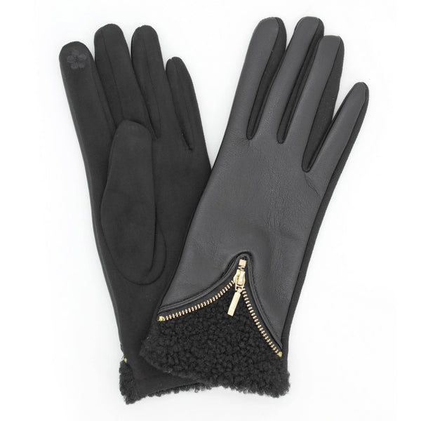 Zipper Detail Faux Leather Touchscreen Gloves: Black