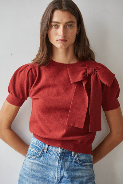 Knit Sweater Pullover With Shoulder Tie Bow Detail: Dusty Red
