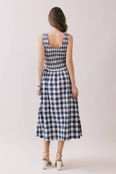 Gingham Sleeveless Midi Dress with Side Tie Detail - Navy