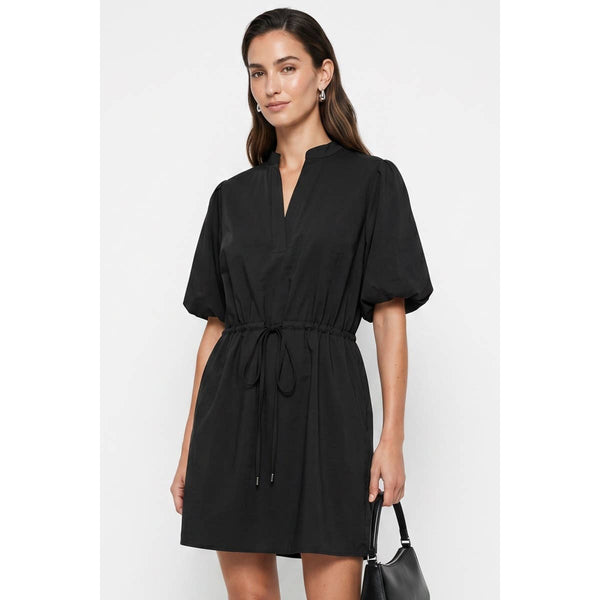 Puff Sleeve Cinched Waist Mini Dress: Navy / S