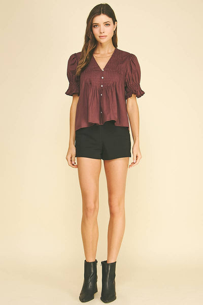 Tucked Detail Button Down Blouse - Plum