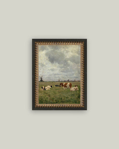 Cattle on the Pasture Framed Antique Art: 8x10