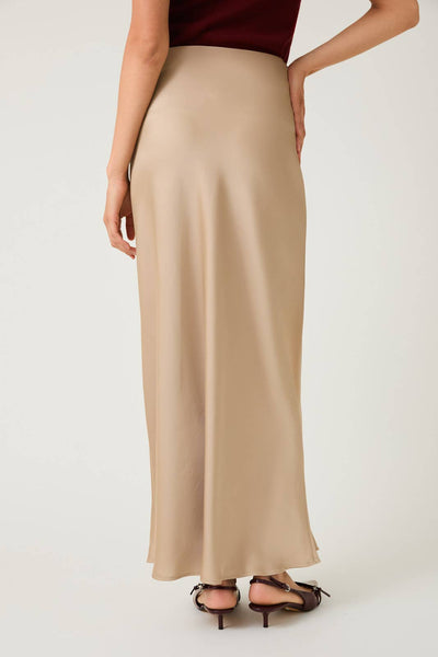 Bias Satin Midi Skirt: Tan