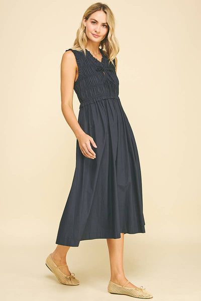 Front-Tie Smocking Midi Dress - Ink