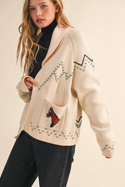 Horse Knit Sweater Cardigan: Beige Taupe