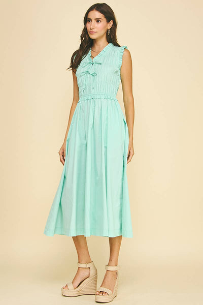 Front-Tie Smocking Midi Dress - Aqua