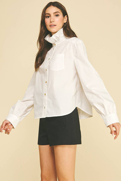 Ruffled High-neck Button Down Shirt: Off White