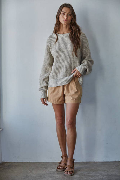 Knit Sweater Cotton Ribbed High Mock Neck Top: Taupe
