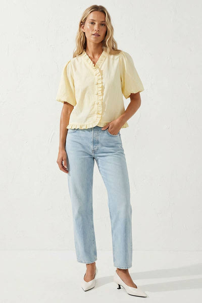 Ruffle Detail Bubble Sleeve Top - Pale Banana