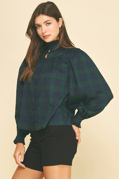 PLAID RUFFLED MOCK NECK SHIRT - 7609T: NAVY/GREEN / S