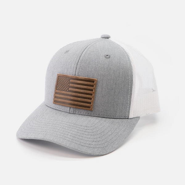 American Flag Hat - Leather Patch Trucker Snapback: Black