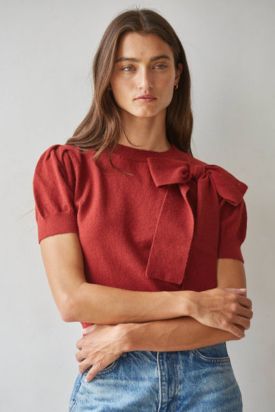 Knit Sweater Pullover With Shoulder Tie Bow Detail: Dusty Red