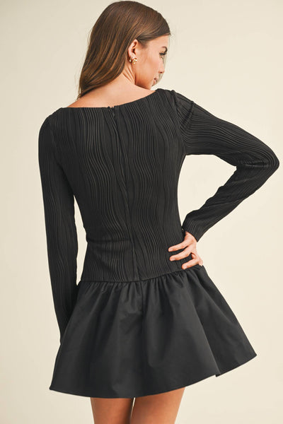 Boat Neck Long Sleeve Mini Dress - Black