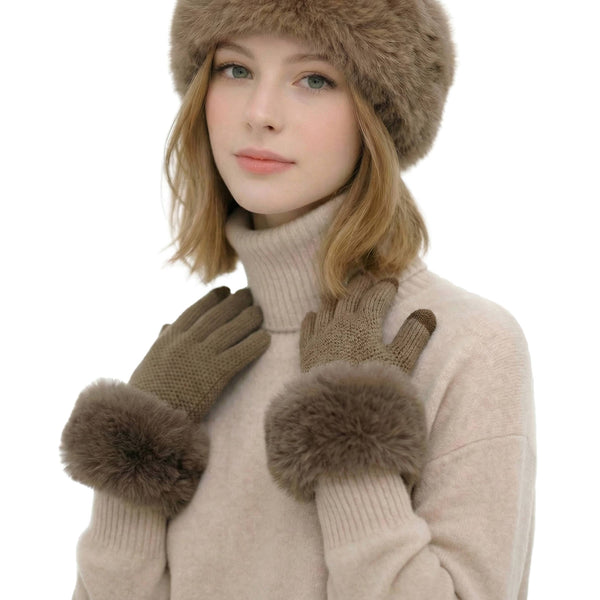 C.C Long Faux Fur Cuff Knitted Winter Gloves: Taupe